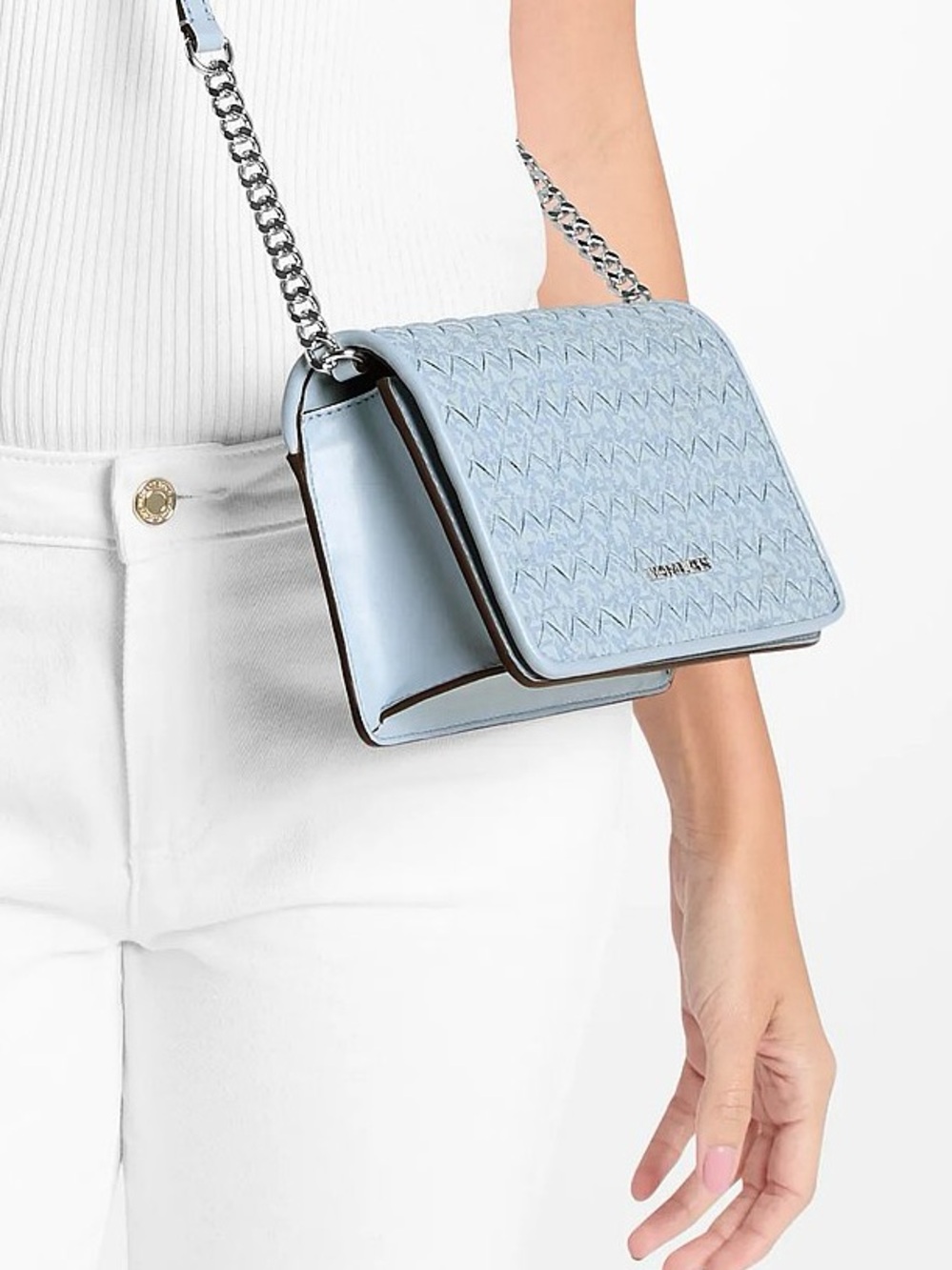 Michael Kors Jet Set - Medium Full Flap Crossbody Bag - Pale Ocean Blue Monogram - Picture 11 of 16